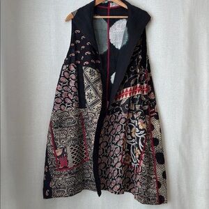 Mieko Mintz Quilted Cotton Kantha Reversible Vest Black Boho Floral Layer EUC